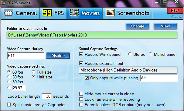 fraps movies settings