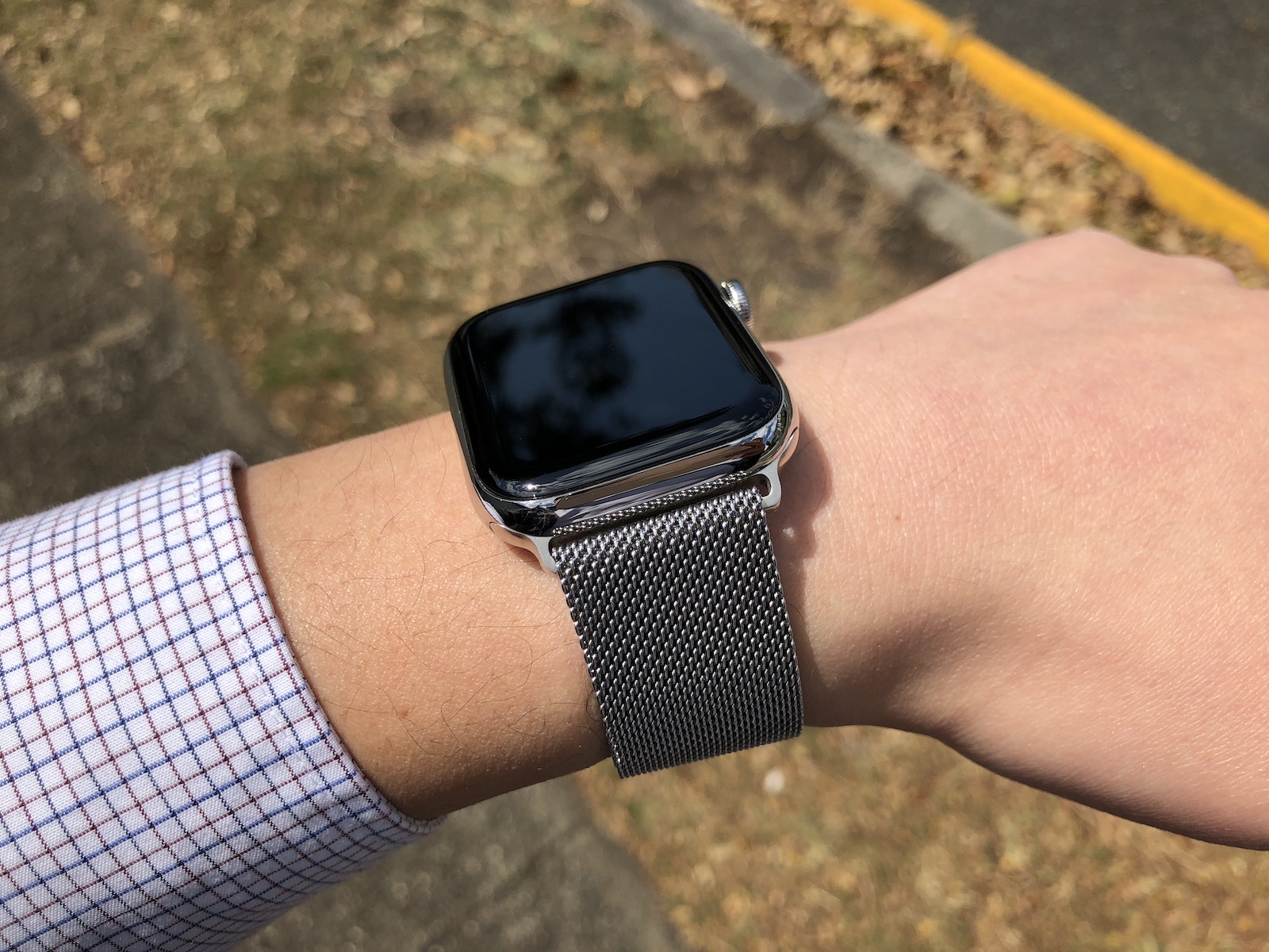 A Stainless Steel Apple Watch Series 4 as worn on the wrist of the author