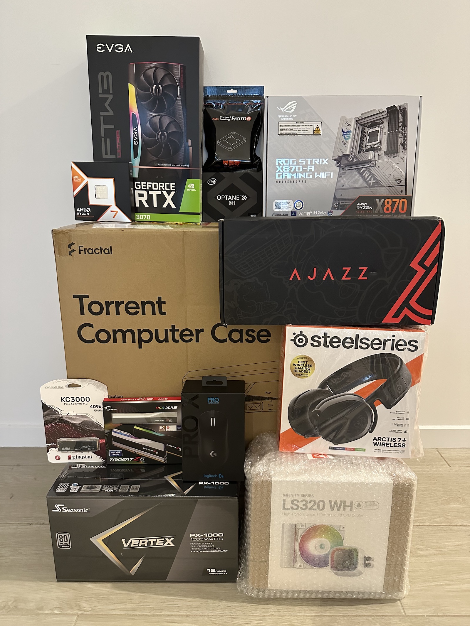 Boxed PC parts arranged photogenically