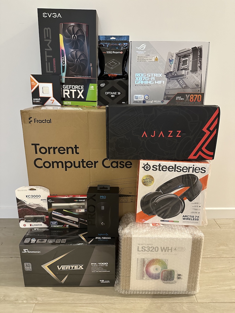 Boxed PC parts arranged photogenically
