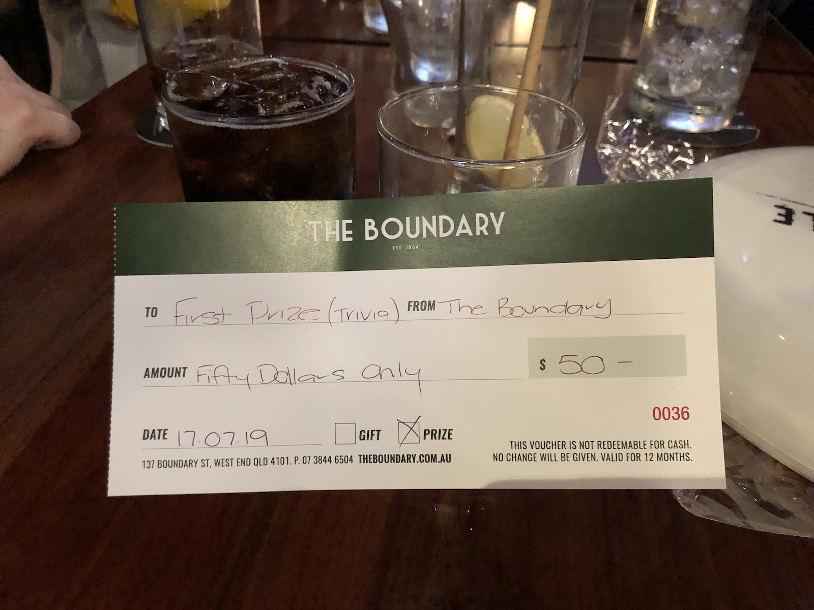 Proof of our trivia winnings at The Boundary: a fake check for $50