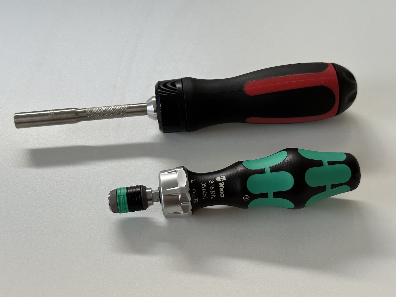Two ratcheting screwdrivers, a TTI one from my local hardware store, and the Wera 816 RA